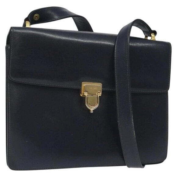 CELINE Shoulder Bag Leather Navy Gold Auth 126159 - Picture 1 of 16